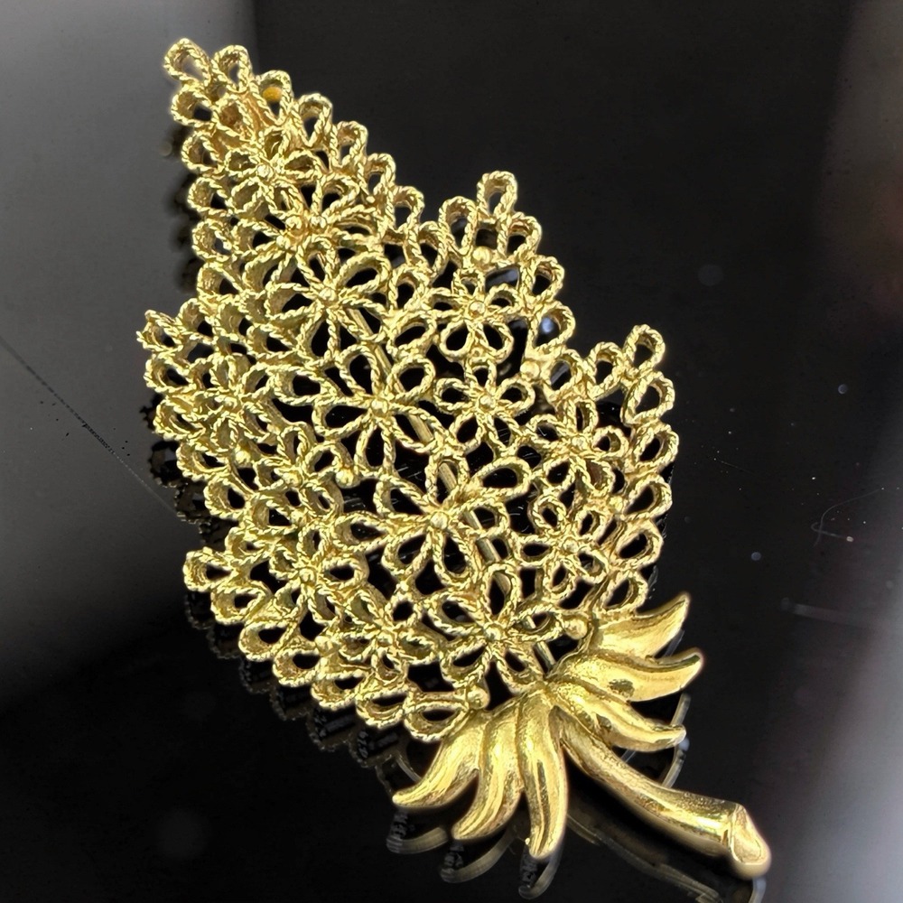 Vintage Mamselle Gold Tone Open Filigree Floral Bouquet Brooch Pin Statement 3"